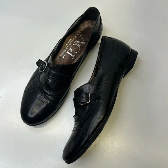 AGL Loafer Shoes Oxford Leather Slip On Shoe Adjustable Buckle Black Size 38 8 - Picture 1 of 12